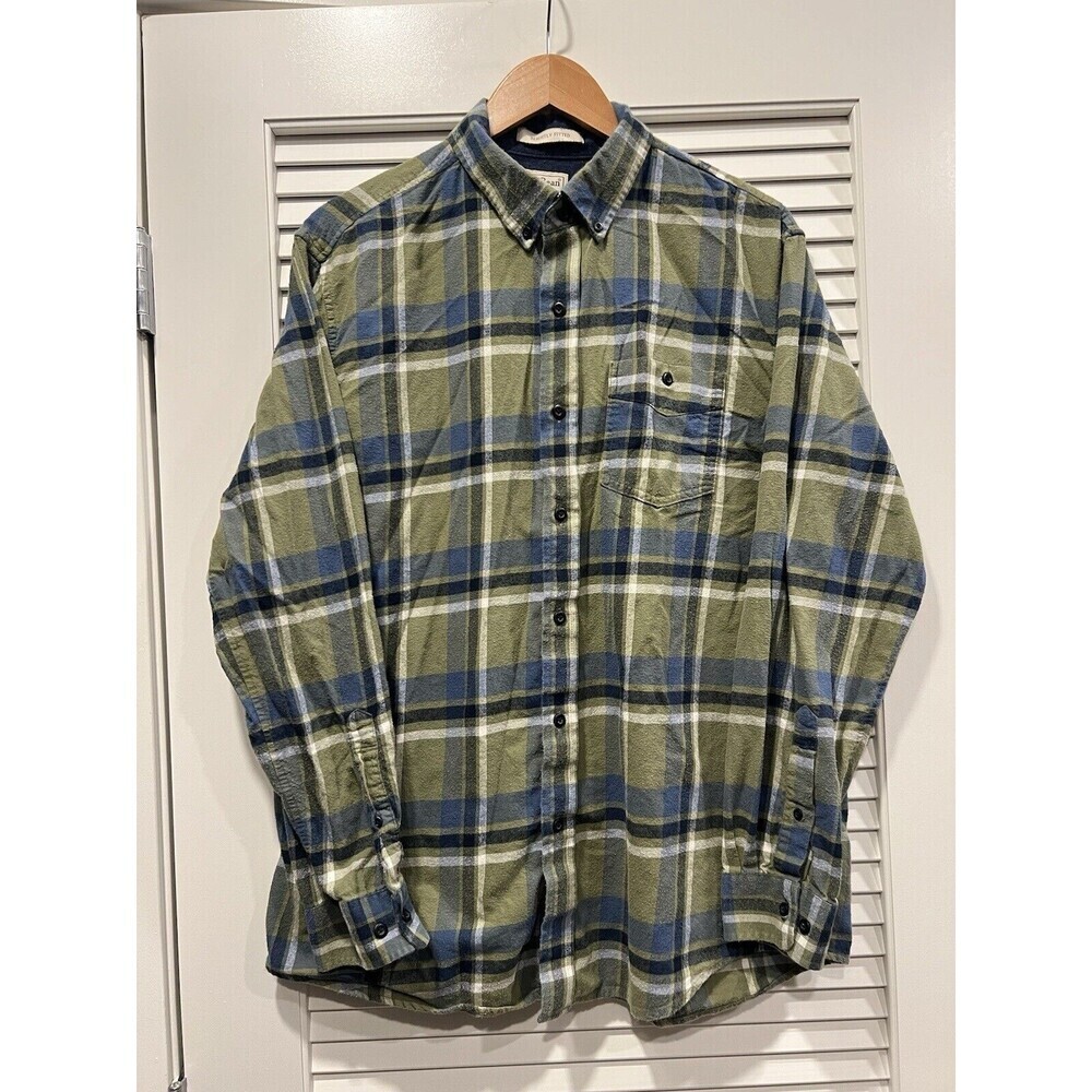 LL Bean Men's Large Plaid Flannel Slightly Fitted Button Up Shirt Green Blue